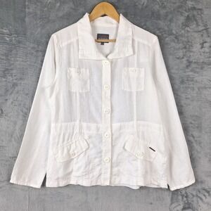 Womens Top 40 White Linen Beach Coastal Button Up Pockets Shacket Resort Casual